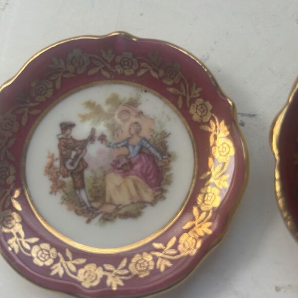 Vtg Limoges France La Reine Courting Couple Miniature Plate Set Magenta Gold - Picture 2 of 7
